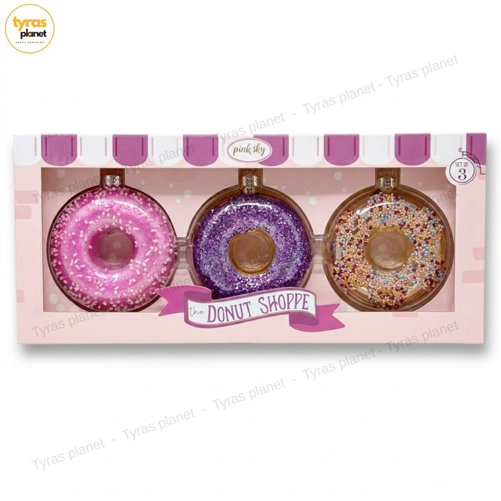 Pink Sky GLASS Iced Donut Shoppe Ornaments Pink Purple Sprinkles 3 Pack 3.5"